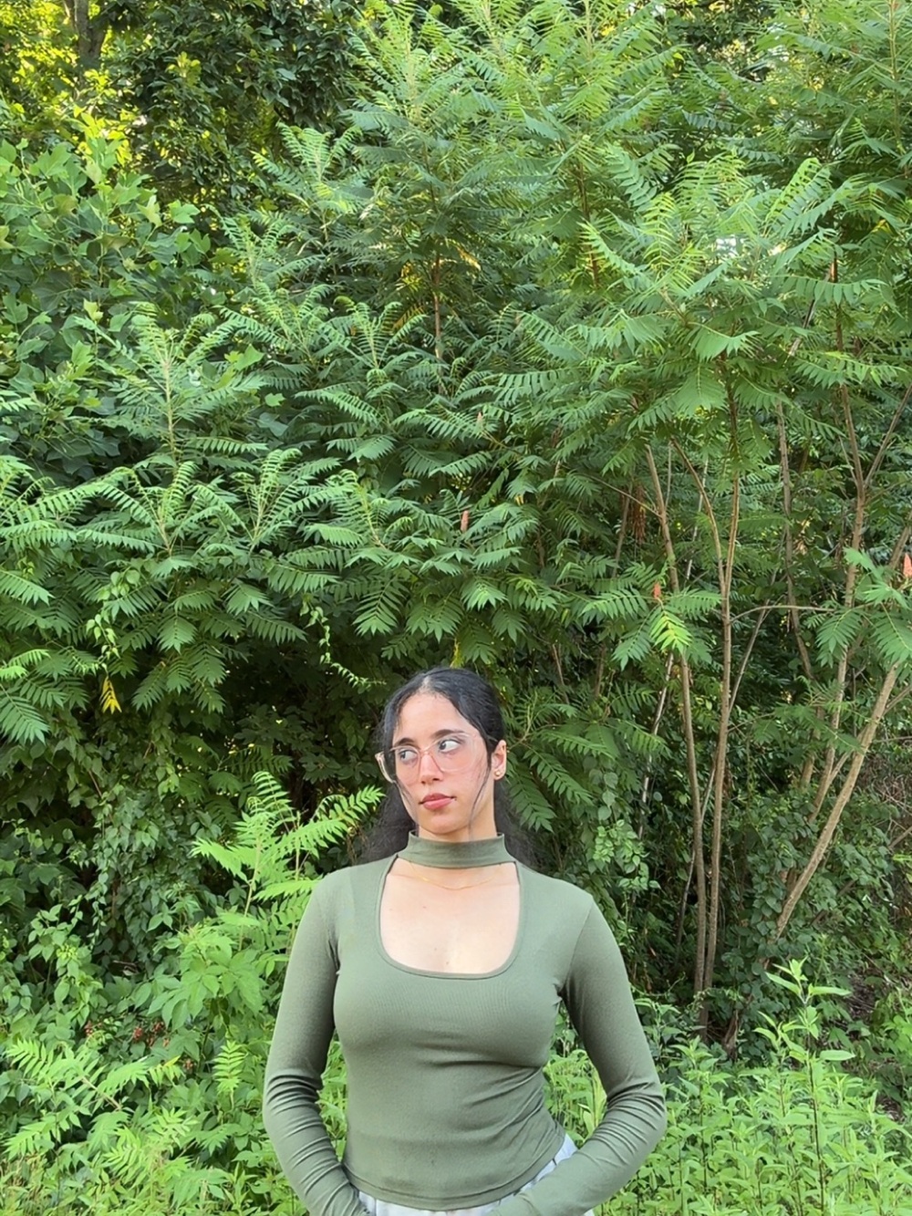 Olive Green Cutout Long-Sleeve Women's Top